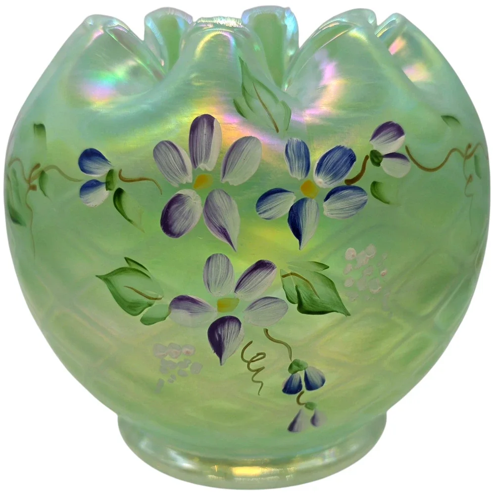 FENTON IRIDISED WILLOW GREEN DECORATED ROSE BOWL SIGNED 95TH ANNIVERSARY